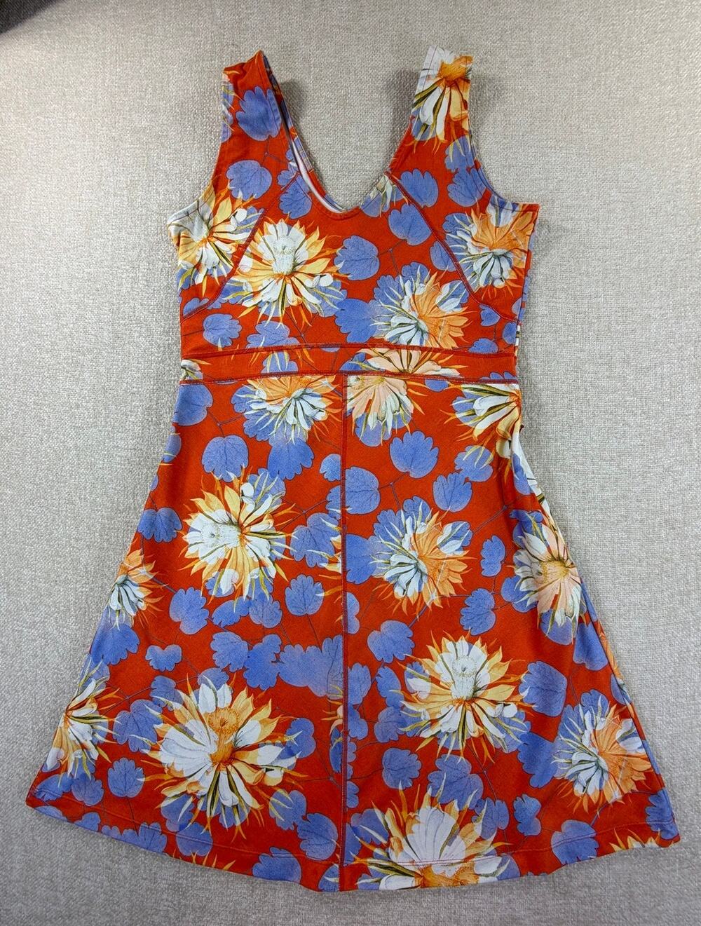Title Nine Women Small Blue Orange Hawaiian Print V Neck Sleeveless Travel Dress